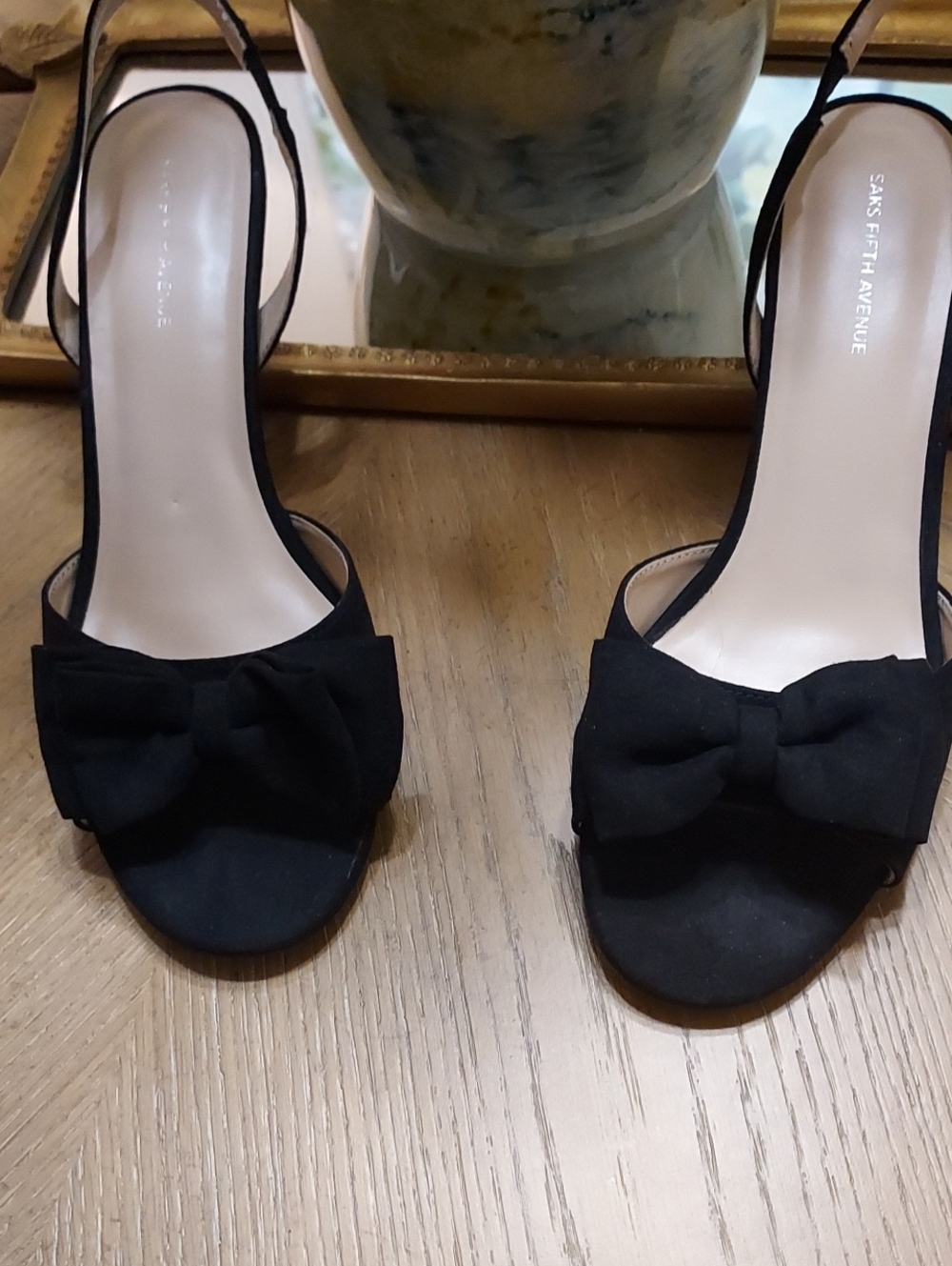 Saks Fifth Avenue Black Bow Open-Toe Slingback Heels